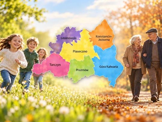 Grafika ilustracyjna przedstawiająca mapę powiatu piaseczyńskiego. Według danych GUS najmłodszą demograficznie gminą jest Lesznowola, a najstarszą Konstancin-Jeziorna.