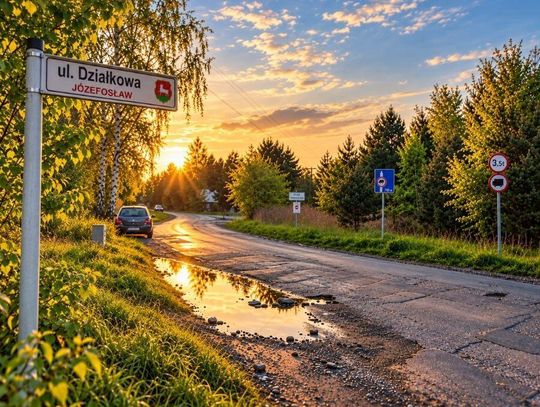 Ul. Działkowa z widoczną zniszczoną nawierzchnią, poboczem i tablicą z nazwą ulicy.
