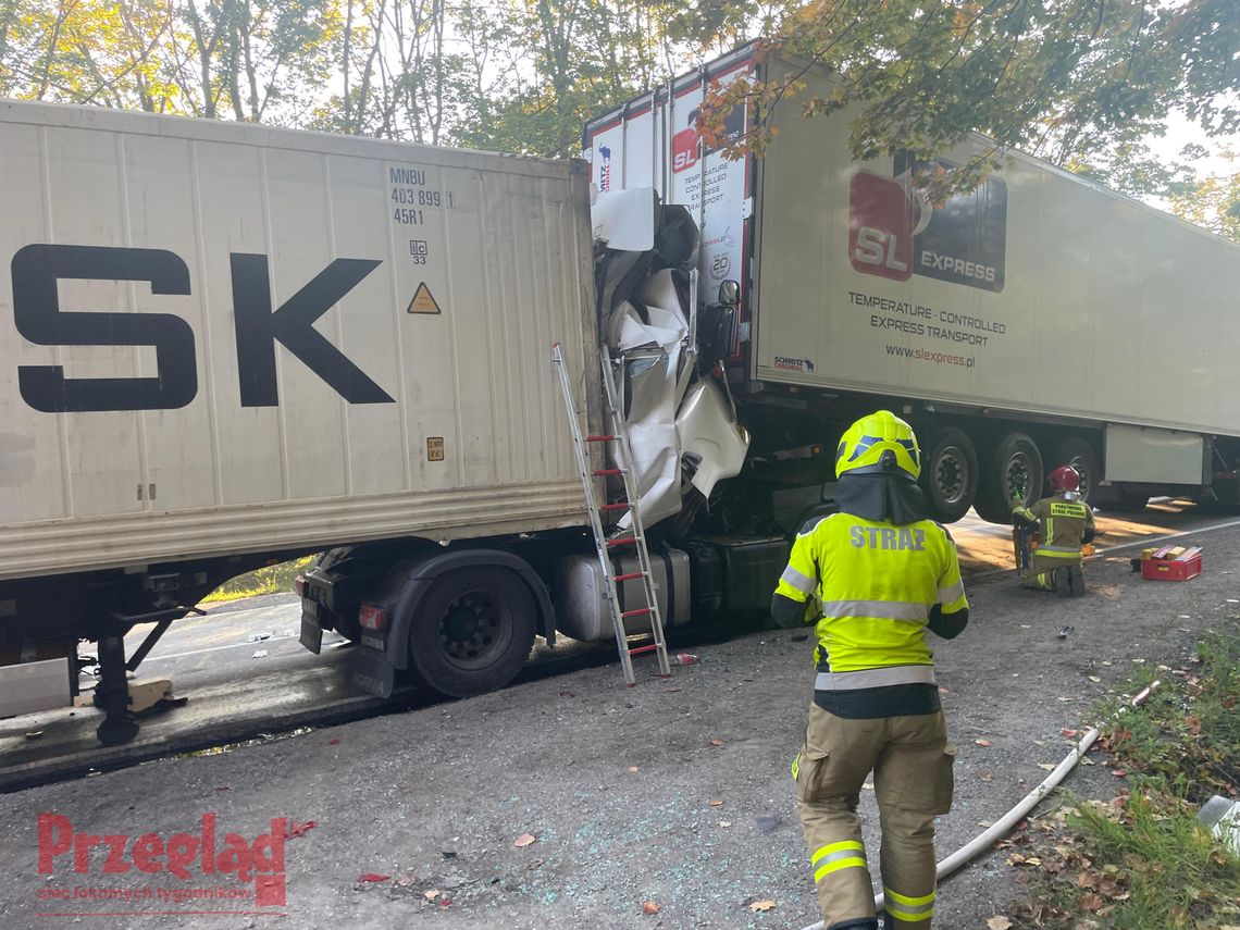 Kabina ciężarówki zmiażdżona między naczepami. Groźny wypadek na DK79 w Pilawie