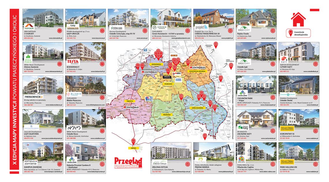 Mapa inwestycji deweloperskich powiatu piaseczyńskiego i okolic  - jesień 2022 r.