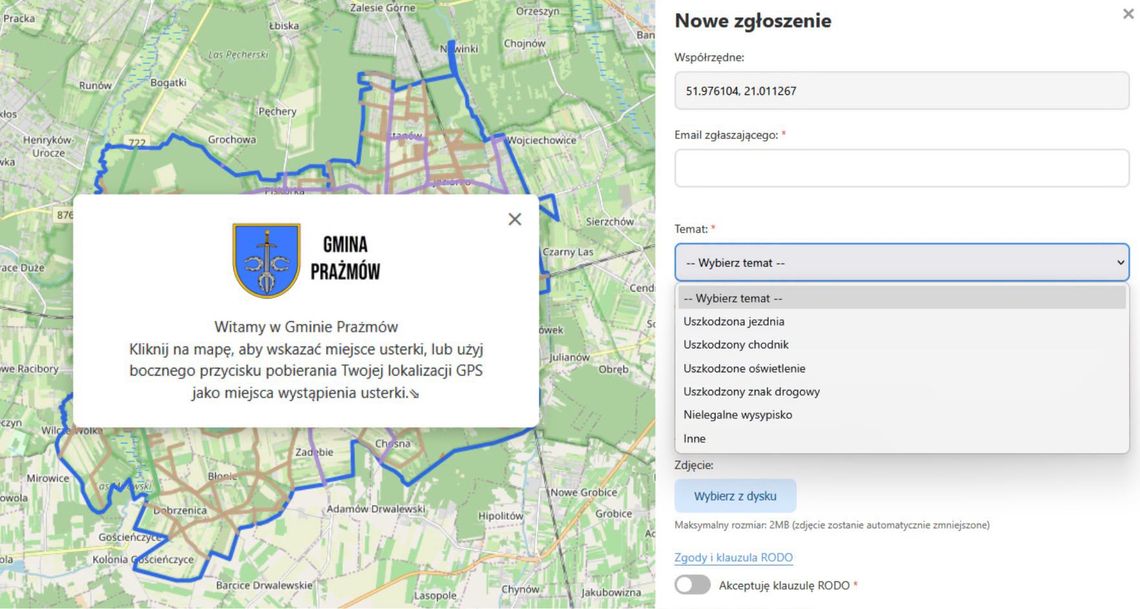 Nowa mapa zgłoszeń w gminie Prażmów Nowa mapa zgłoszeń w gminie Prażmów