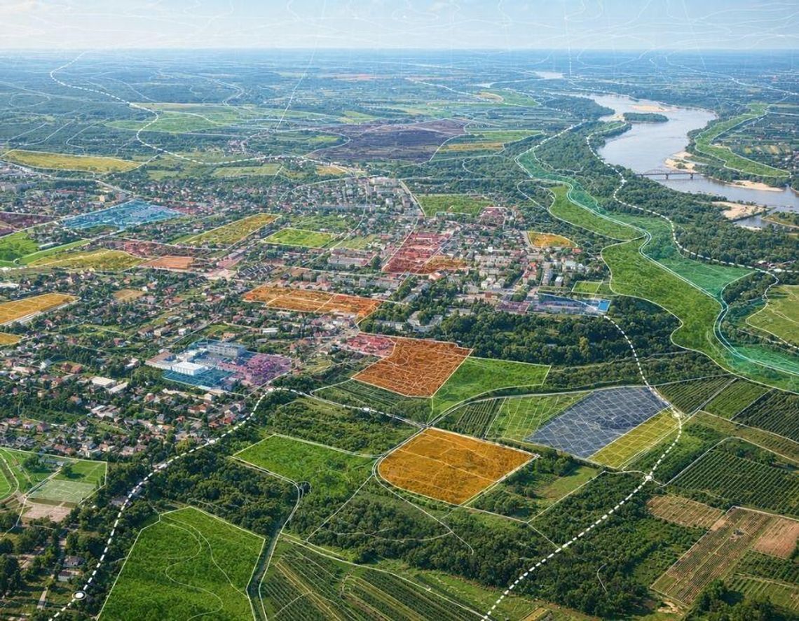 Widok Góry Kalwarii i okolic z naniesioną symboliczną siatką planistyczną. Zdjęcie ilustracyjne.