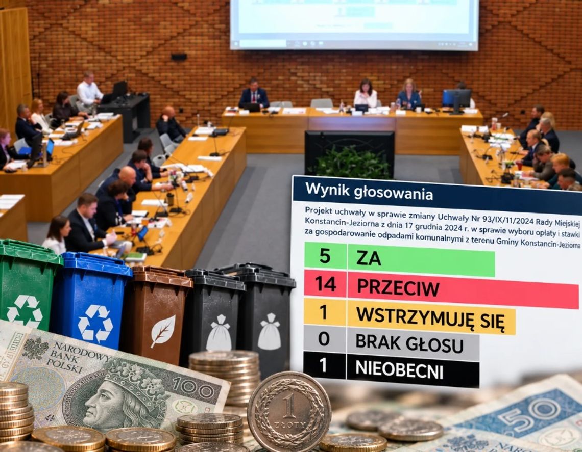 Podwyżki za śmieci na razie nie będzie. Radni powiedzieli „nie”, choć gmina dokłada miliony Grafika przedstawia wyniki głosowania nad proponowaną podwyżką opłat za śmieci w Konstancinie-Jeziornie. Podczas sesji 21 października 2026 roku 14 radnych zagłosowało przeciw, 5 było za, a 1 osoba wstrzymała się od głosu. Mieszkańcy na razie nadal będą płacić 46 zł miesięcznie od osoby.