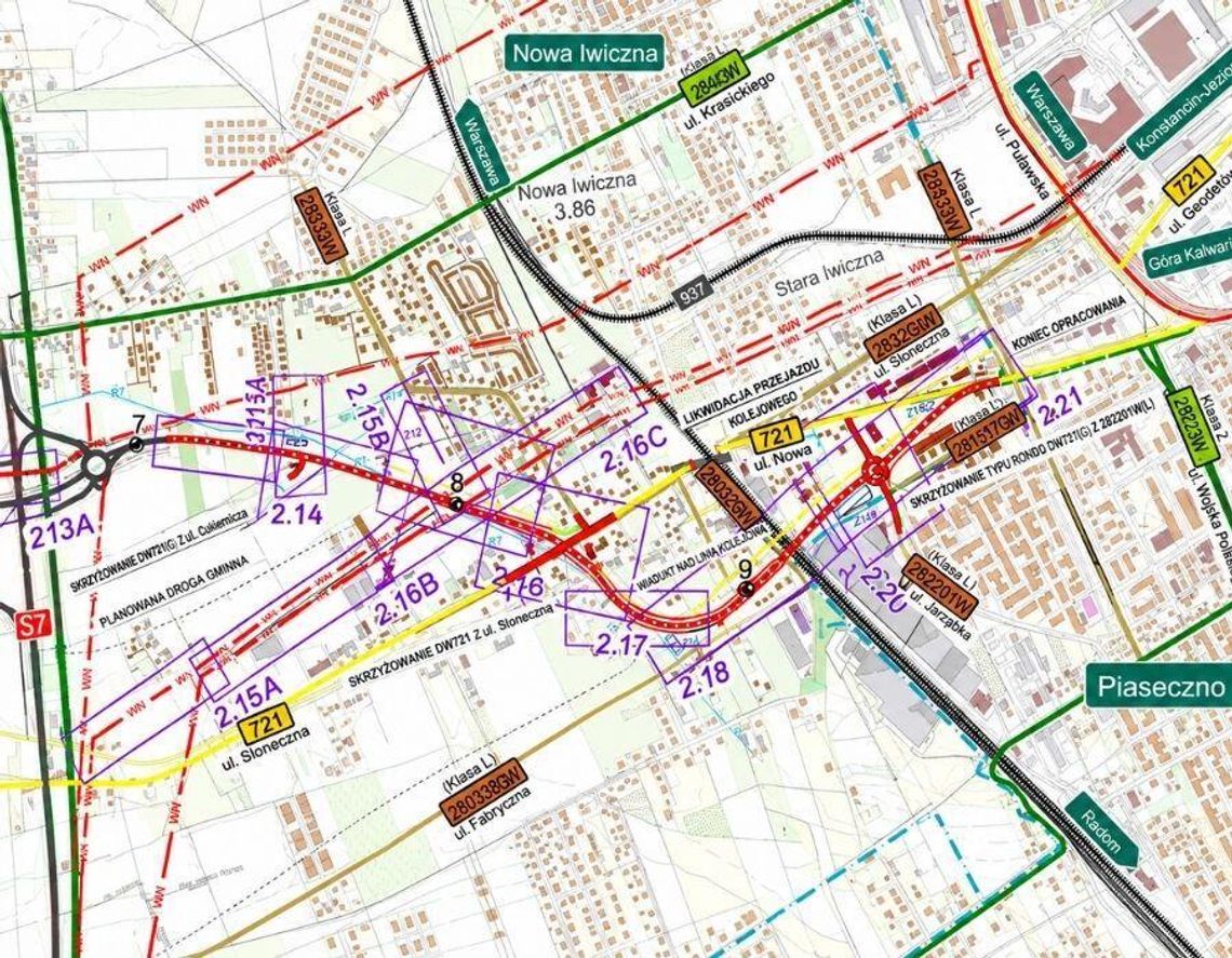 Przetarg na nową DW721. MZDW szuka wykonawcy drogi między S7 a Piasecznem Fragment dokumentacji projektowej nowego przebiegu DW721.