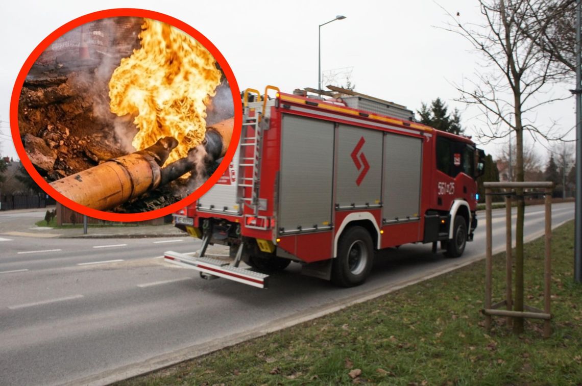 Uszkodzona rura gazowa w Zalesiu Dolnym. Płomień sięgał kilku metrów