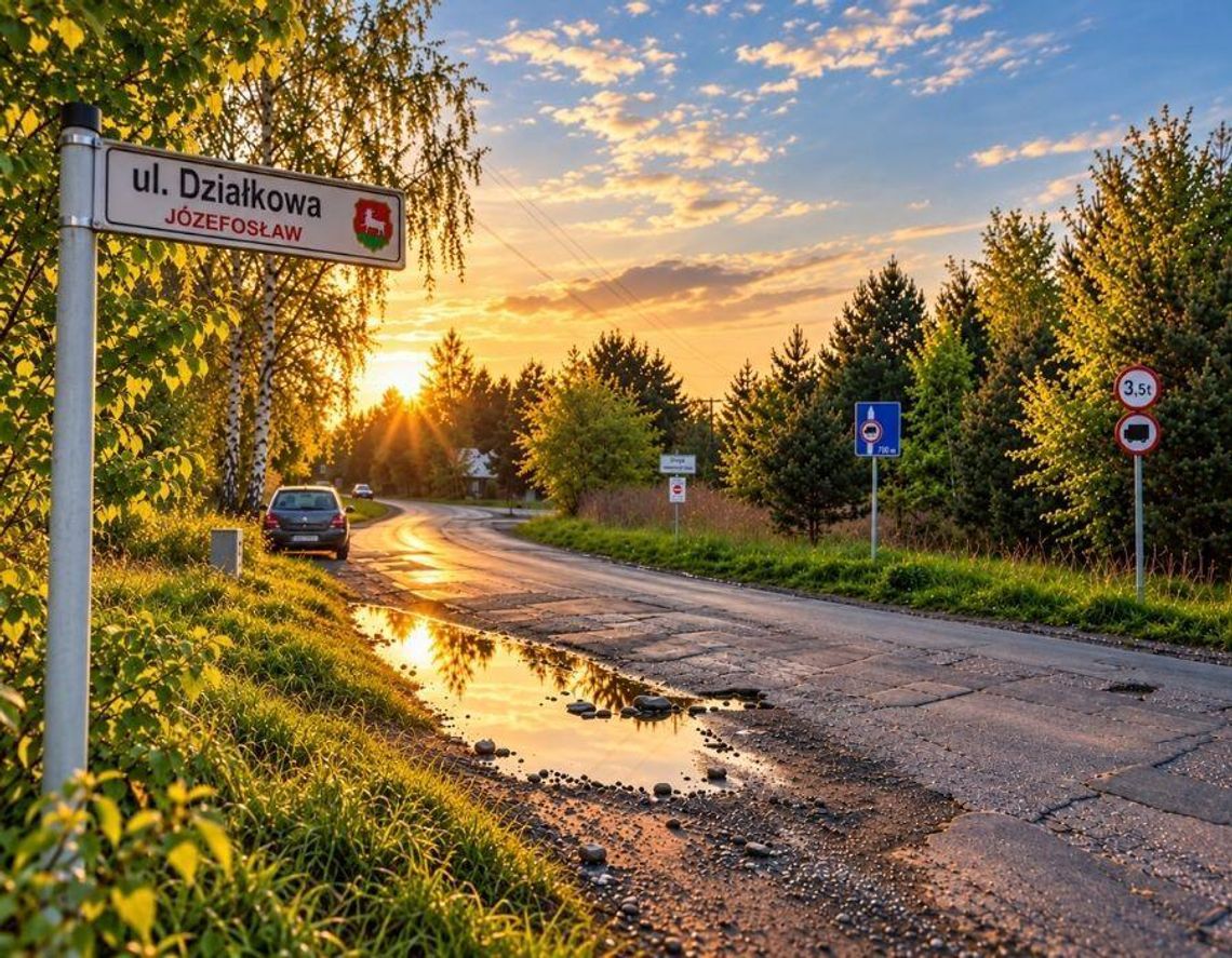 Ważna inwestycja drogowa na granicy dwóch gmin. Jest termin budowy ul. Działkowej Ul. Działkowa z widoczną zniszczoną nawierzchnią, poboczem i tablicą z nazwą ulicy.