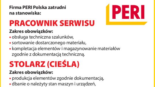 Firma PERI Polska zatrudni Pracownika Serwisu i Stolarza (Cieślę)