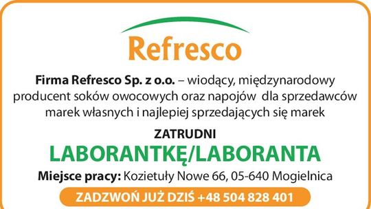 Firma Refresco ZATRUDNI LABORANTKĘ/LABORANTA