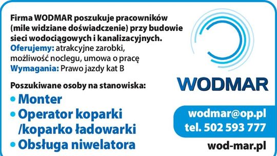 Firma WODMAR poszukuje pracowników przy budowie  sieci wodociągowych i kanalizacyjnych.