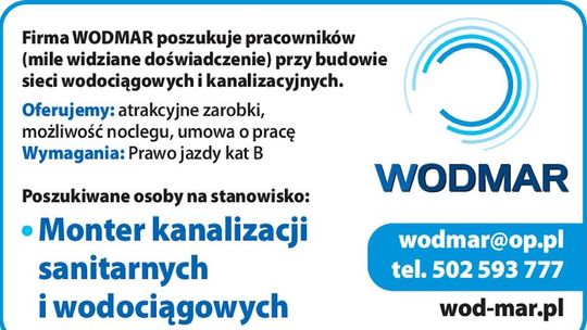 Firma WODMAR poszukuje pracowników przy budowie  sieci wodociągowych i kanalizacyjnych.