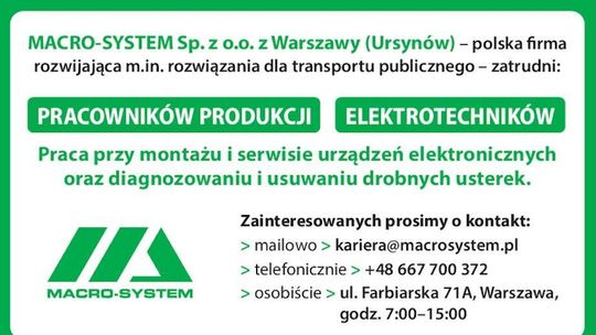 MACRO-SYSTEM Sp. z o.o. z Warszawy (Ursynów) - PRACOWNIKÓW PRODUKCJI ELEKTROTECHNIKÓW