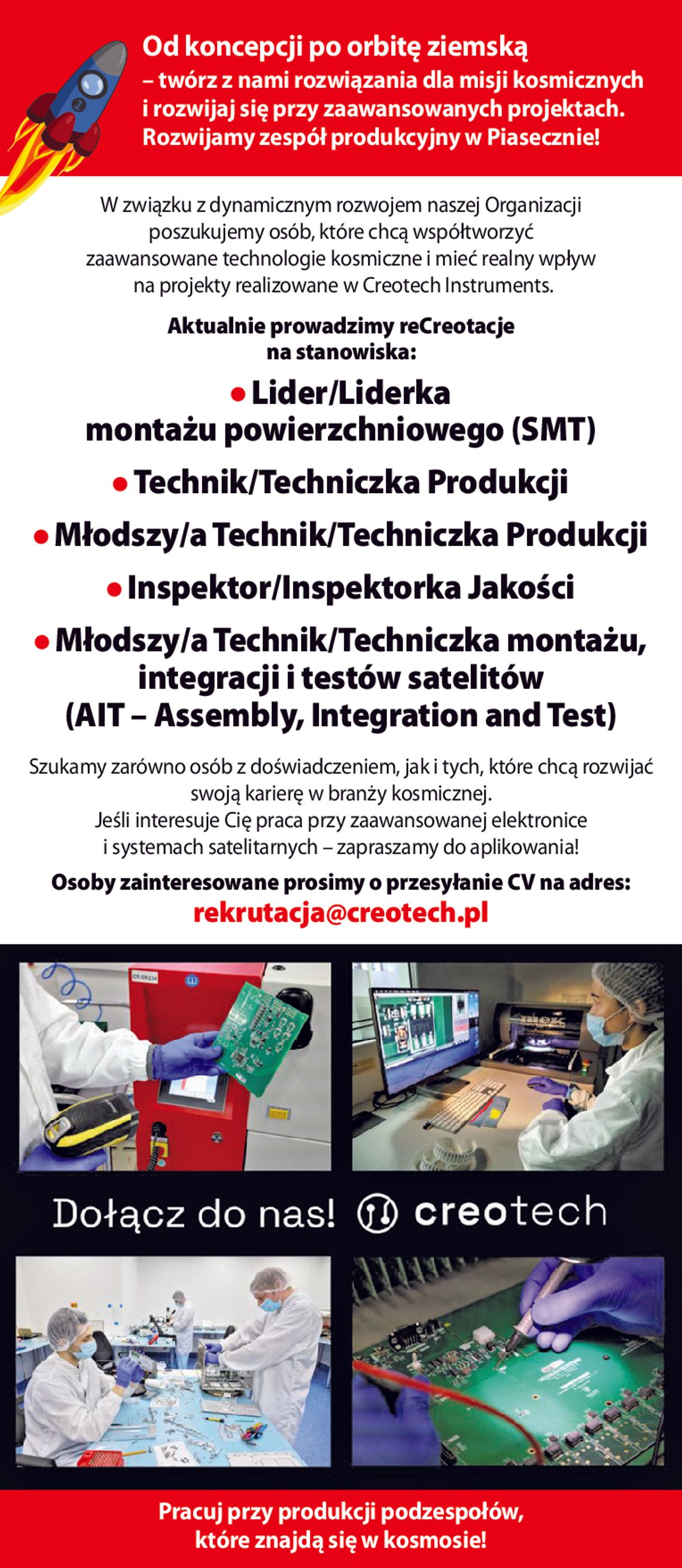 CREOTECH - pracuj przy produkcji podzespołów, które znajdą się w kosmosie!