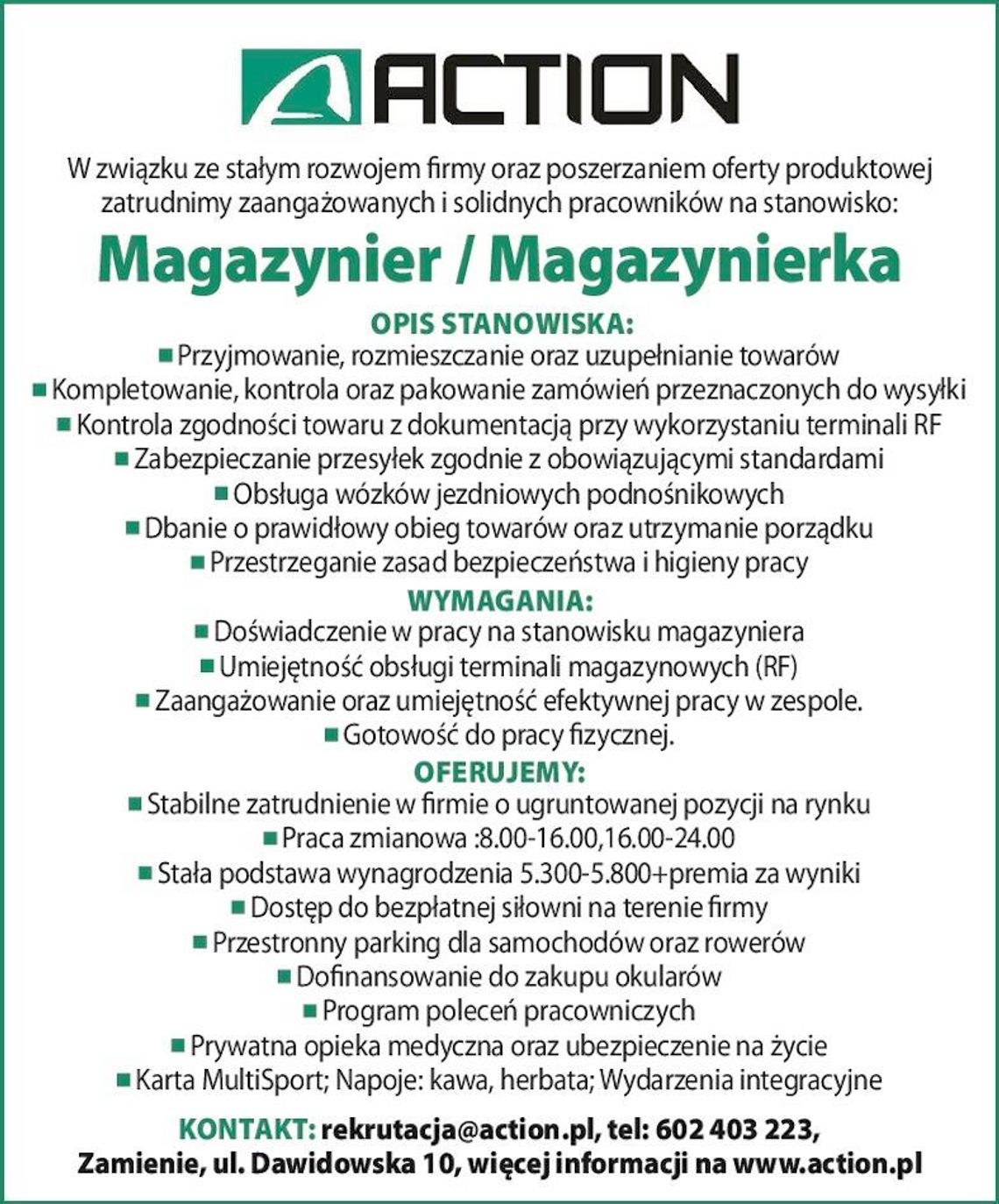 Firma ACTION zatrudni Magazyniera / Magazynierkę