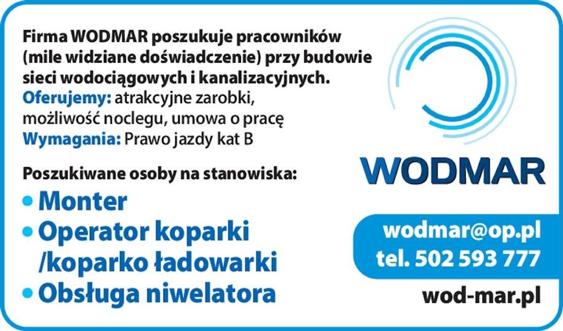 Firma WODMAR poszukuje pracowników przy budowie  sieci wodociągowych i kanalizacyjnych.