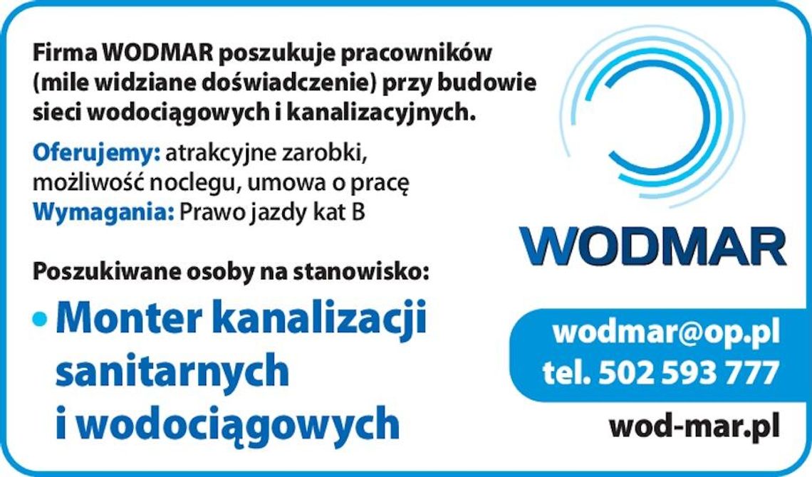 Firma WODMAR poszukuje pracowników przy budowie sieci wodociągowych i kanalizacyjnych. Firma WODMAR poszukuje pracowników przy budowie sieci wodociągowych i kanalizacyjnych.