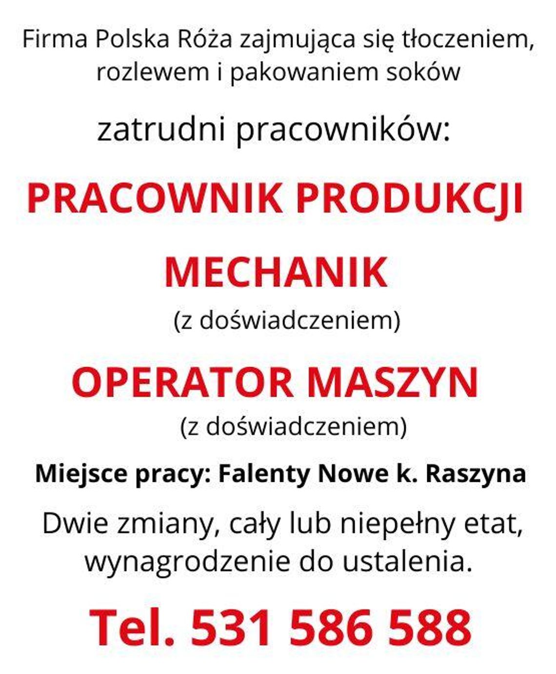 Zatrudnimy: pracownika produkcji, mechanika i operatora maszyn Zatrudnimy: pracownika produkcji, mechanika i operatora maszyn