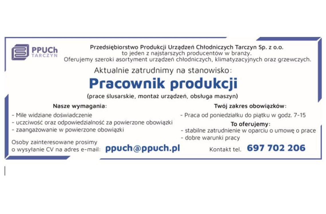 Zatrudnimy Pracownika Produkcji