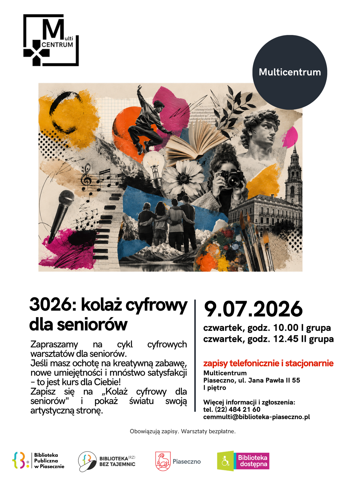 3026: kolaż cyfrowy dla seniorów Plakat promujący warsztaty pod tytułem 3026: kolaż cyfrowy dla seniorów