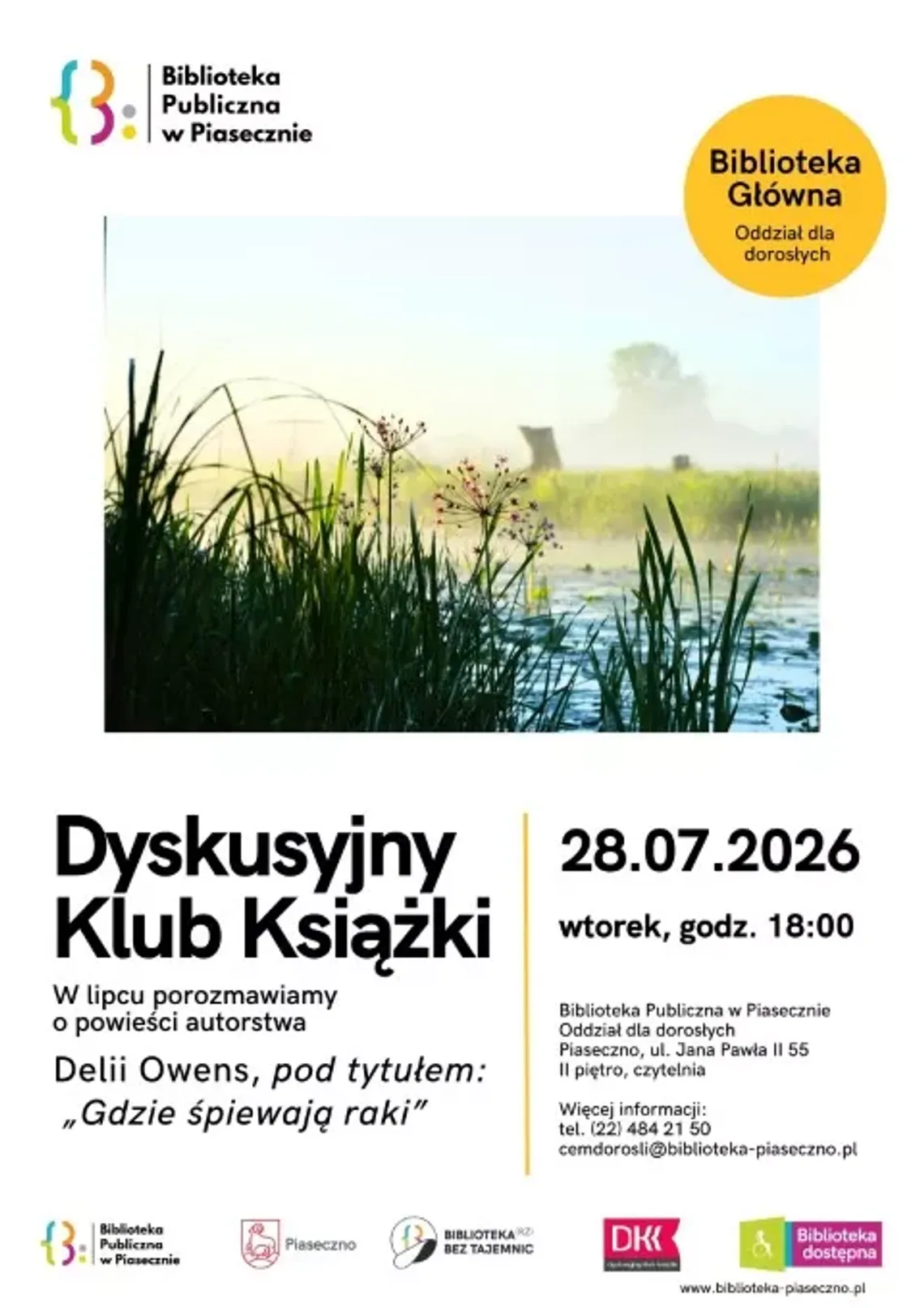 Lipcowe DKK – „Gdzie śpiewają raki” Plakat promujący spotkanie dyskusyjnego klubu książki