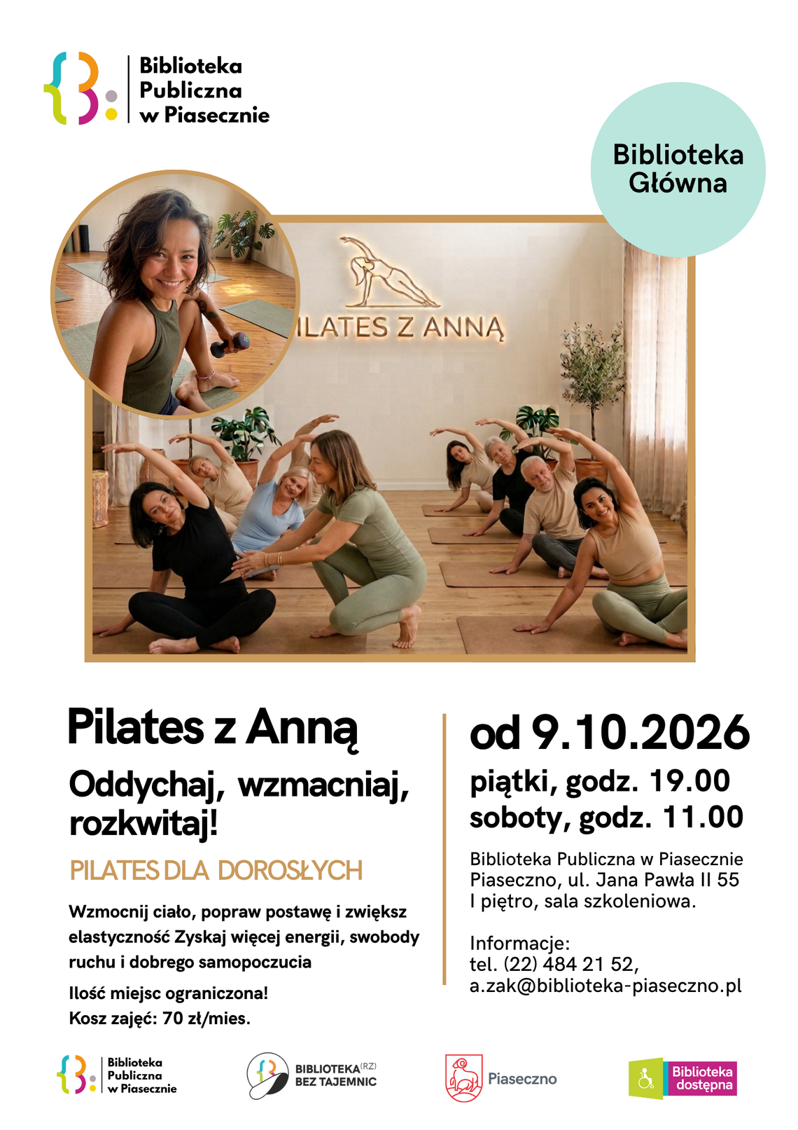 Pilates z Anią – zajęcia z pilatesu Plakat pilates z Anną. Zajęcia z pilatesu dla dorosłych